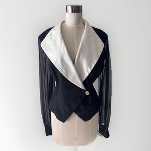 R&M Richards Black and White Wrap Tuxedo Blazer with Sheer Sleeves & Rhinestone